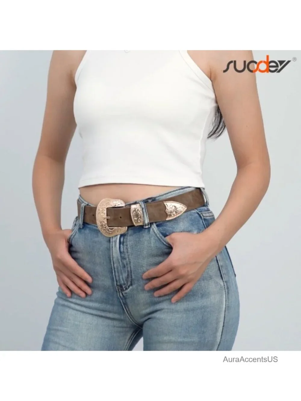 Vintage Faux Leather Western Belt with Floral Big Buckle for Women Cowgirl